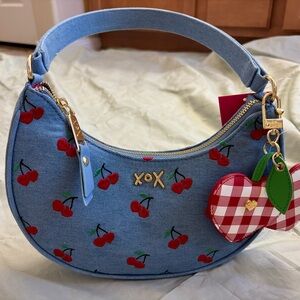 Betsey Johnson Denim Cherry Embroidered XOX Shoulder Bag with charm!